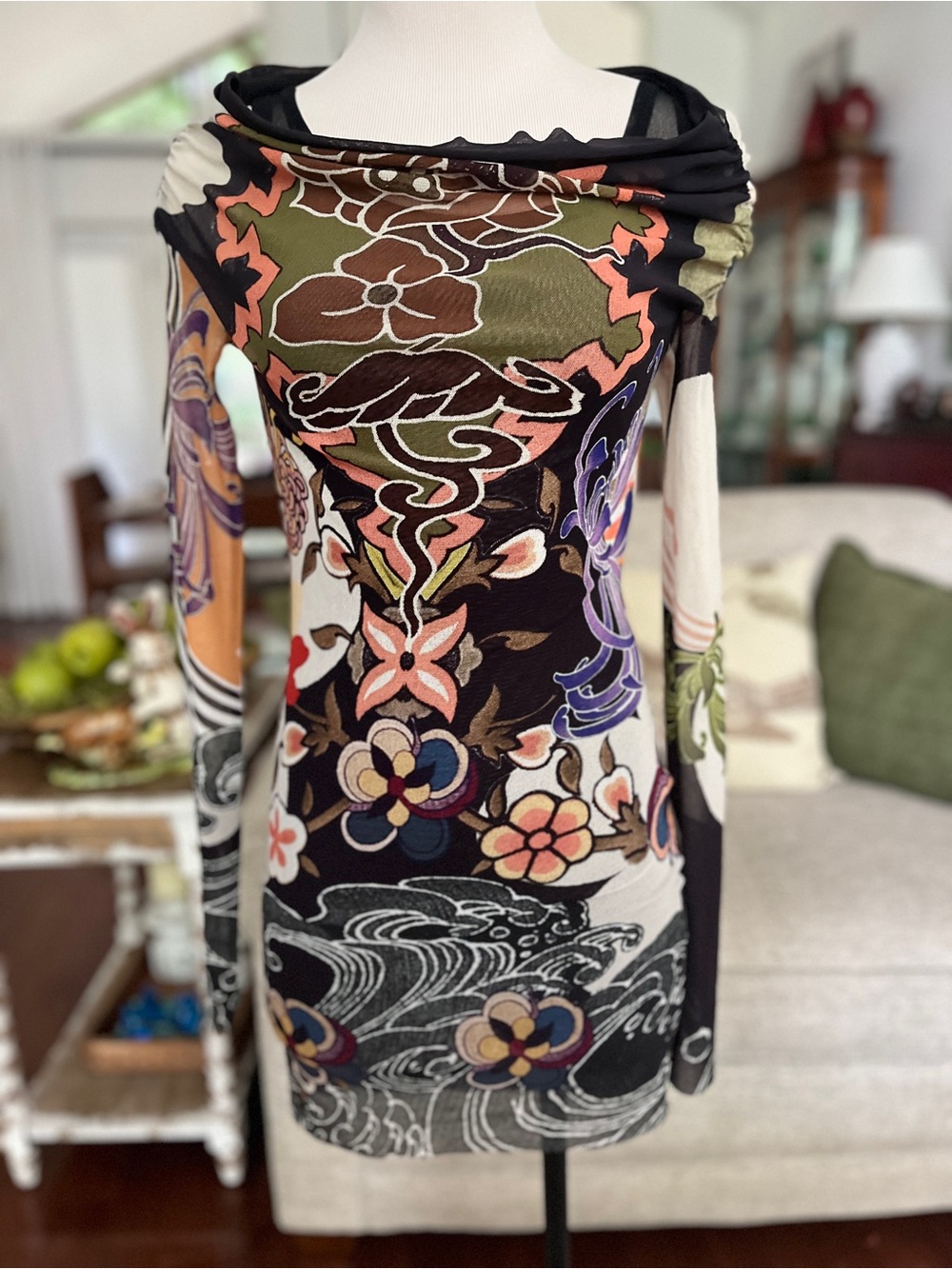 FUZZI BOLD ABSTRACT LONG SLEEVE MESH FORM FITTING DRESS LINED ITALY SIZE S